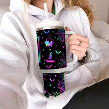 1 bình nước bằng thép không gỉ 40oz có tay cầm, cốc cách nhiệt chân không có ống hút, họa tiết Halloween, thích hợp cho tiệc Halloween du lịch ngoài trời - phong cách 3 - Xem 5