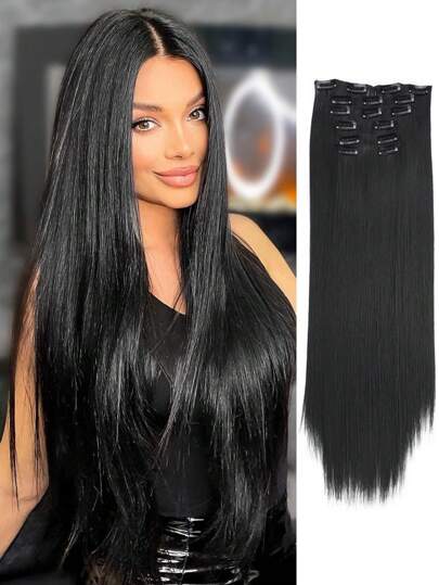 Halloween 6 clip stile 16 clip sintetiche estensioni dei capelli lisci da 24 pollici, toppe per capelli castani neri naturali da donna