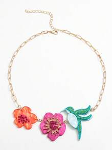 1pc Floral & Bird Design Acrylic & Alloy Rhinestone Necklace