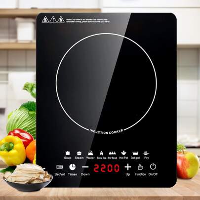 Parrilla de Induccion Magnetica Eléctrica, Estufa de Inducción Eléctrica Control Tactil, 2200W, Cocina de Inducción Portatil con 8 Programas Automáticos y Temporizador, Ahorro de Energia