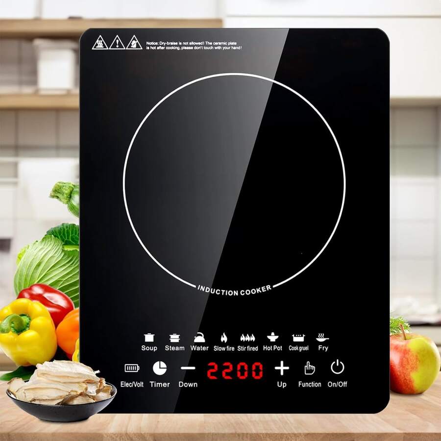 Electric Magnetic Induction Grill, Electric Induction Stove Touch Control, 2200W, Portable Induction Cooker With 8 Automatic Programs And Timer, Energy Saving - 黑色 - 查看 1