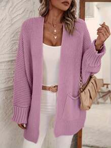 Women Plain Minimalist Knitted Long Sleeve Cardigan - Dusty Pink - View 1