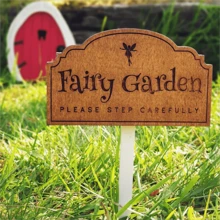 1pc Mini Creative Fairy Garden Sign, "Fairy Garden Walk Carefully", Wooden Craft Ground Stake, Suitable For Outdoor Miniature Landscape Decor, Photography - Multicolor - View 3