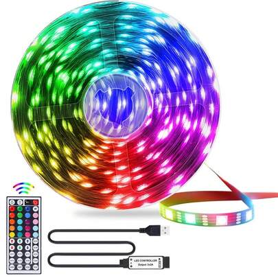 Bedroom LED Lights, 3.28FT (1 Roll)~98.42FT (2 Rolls) RGB LED Strip Lights With IR 44 Keys Remote Control, USB 5V LED Strip Lights With Adhesive Backing Adjustable Color Bedroom Party Decoration