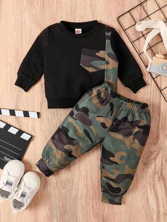2pcs Baby Boys' Multi-Color Camouflage Casual Crew Neck Long Sleeve Sweatshirt And Pants Set, Autumn Winter