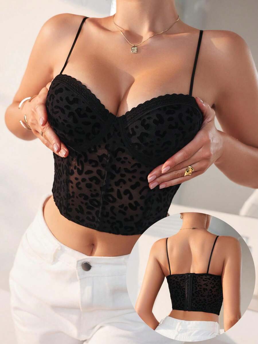 EMUPER 1件装舒适无缝弹力蕾丝可爱文胸上衣，内衣，豹纹印花上衣 - 黑色 - 查看 1