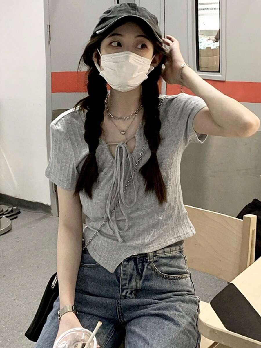 1件装 女士纯灰色不对称休闲短袖T恤 夏季 - 灰色 - 查看 1