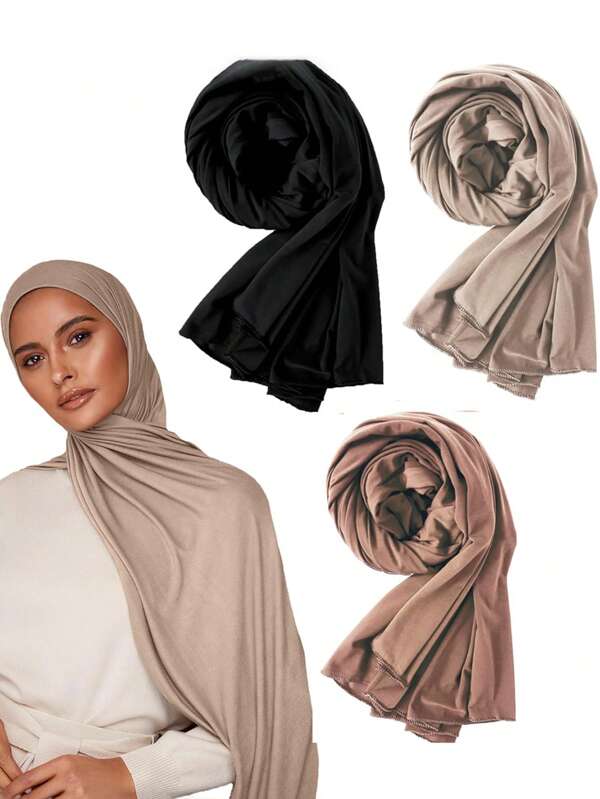 3pcs Solid Color Knitted Casual Elastic Breathable Hijab Wraps Turban, Summer Winter Fall Abaya Accessories Women Veil