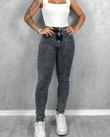 Gray Premium Marbled High Waist Jeans With Spandex - 灰色 - 查看 2
