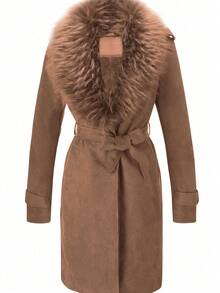 Risissida Women's Elegant Mid-Length Suede Coat With Faux Fur Collar And Waist Belt For Fall And Winter Commutes