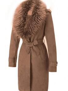 Risissida Women's Elegant Mid-Length Suede Coat With Faux Fur Collar And Waist Belt For Fall And Winter Commutes