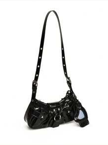 ROMWE Goth In The Summer Of 2025, The New Drawstring Women's Bag Fashion Bucket Bag Rivet Motorcycle Bag Three-Piece Wide Strap Crossbody Bag