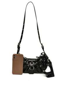 ROMWE Goth In The Summer Of 2025, The New Drawstring Women's Bag Fashion Bucket Bag Rivet Motorcycle Bag Three-Piece Wide Strap Crossbody Bag