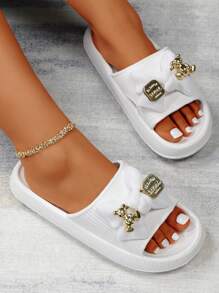 Summer Bear Bow Women's Thick-Soled, Soft, Lightweight And Silent Slippers, Simple Style, White Slides