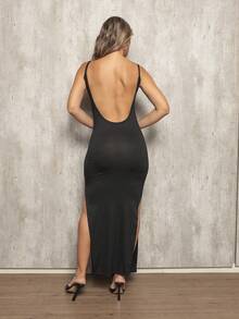 Long Dress With Slit, Backless Ribbed Fabric - màu đen - Xem 2