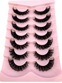 7 Pairs/Pack DD Curl Russian Lashes Voluminous Fake Eyelashes Thick Curly Fluffy Volume False Eyelashes Artificial 3D Mink Lashes Cat-Eye Look Wispy 8D Volume Fake Eyelash Strips Eye Lifting Look Extension Full Eyelash Strip For Beauty Makeup - 黑色 - 查看 3