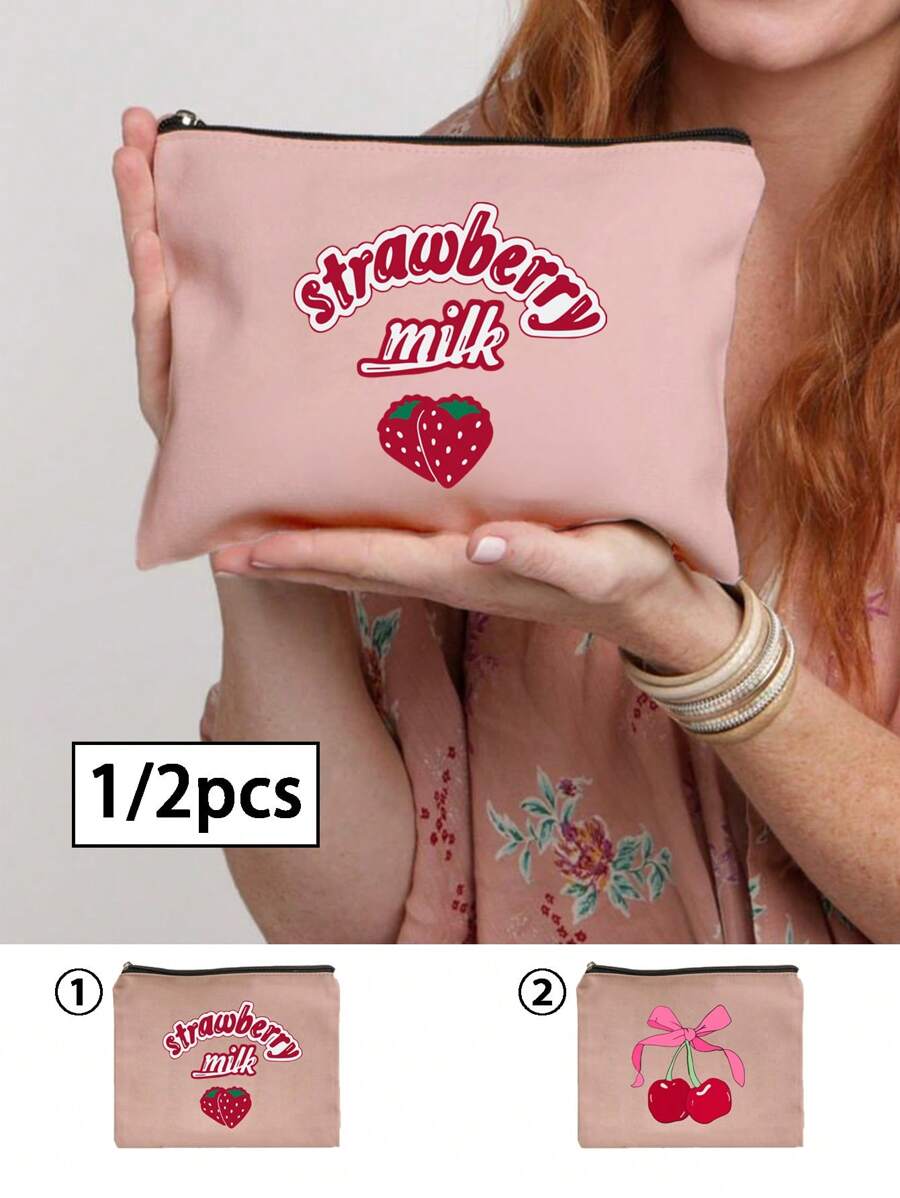 1/2 peças Bolsa de maquiagem estampada kawaii com padrão de morango cereja, bolsa de cosméticos portátil multiuso para viagens, bolsa de maquiagem bolsa de maquiagem bolsa de cuidados com a pele bolsa de higiene cubos de embalagem, organizador de banheiro de itens essenciais de viagem, organizador de joias, organizador de óleo labial, organizador de esmaltes bolsa de maquiagem armazenamento organizador de maquiagem estojo de maquiagem bolsas de maquiagem organizador de maquiagem armazenamento de maquiagem - Rosa - Ver 1