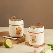 1pc 530ml Insulated Soup Mug With Lid And Spoon, 304 Stainless Steel Bear Design Oatmeal CupSchool Supplies,Back To School - Multicolor - View 1