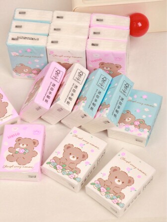 9pcs/Pack Teddy Bear Pattern Facial Tissue Pocket Handkerchief, Mini Portable Cute Napkins,Kitchen,Bathroom,Home,Household Supplies