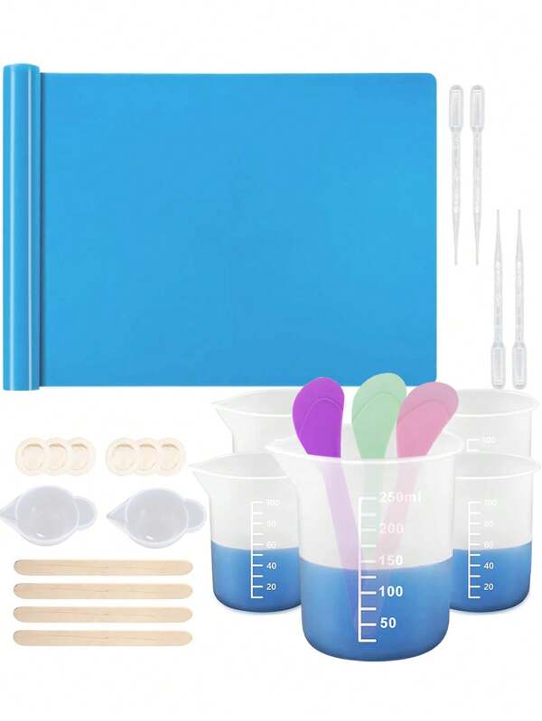 Kit d'outils de tasses à mesurer en résine de silicone, gobelets en silicone antiadhésifs pour résine époxy, gobelets de mélange en silicone réutilisables de 250 et 100 ml avec bâtonnets d'agitation, pipettes, fournitures en résine époxy, moules, fabrication de bijoux