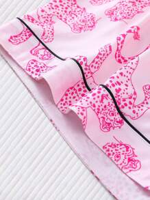 Marira Pink Leopard Print Women's Pajama Set, Comfortable Short Sleeve Button-Up Shirt And Loose Elastic Shorts, Casual All-Season Outdoor And Indoor Women's Sleepwear And Home Clothes - Hot Pink - View 8