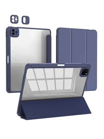 Mirror 1pc Blue Tri-Fold Silicone Foldable Pad Case, Slim Stand Shockproof Anti Fall Pen Holder Anti-Fall Tablet Cover Compatible With Apple IPad Mini 4/5/6, 9.7/10.2/10.5 Inches, Air 4/5/6, 10th Generation, 10.9 Inches, Pro 11 Inches, Air 11(M2) , Air 13 And Pro 11(M4) Models. Clear Back Cover With High Transparency For DIY Personalization.