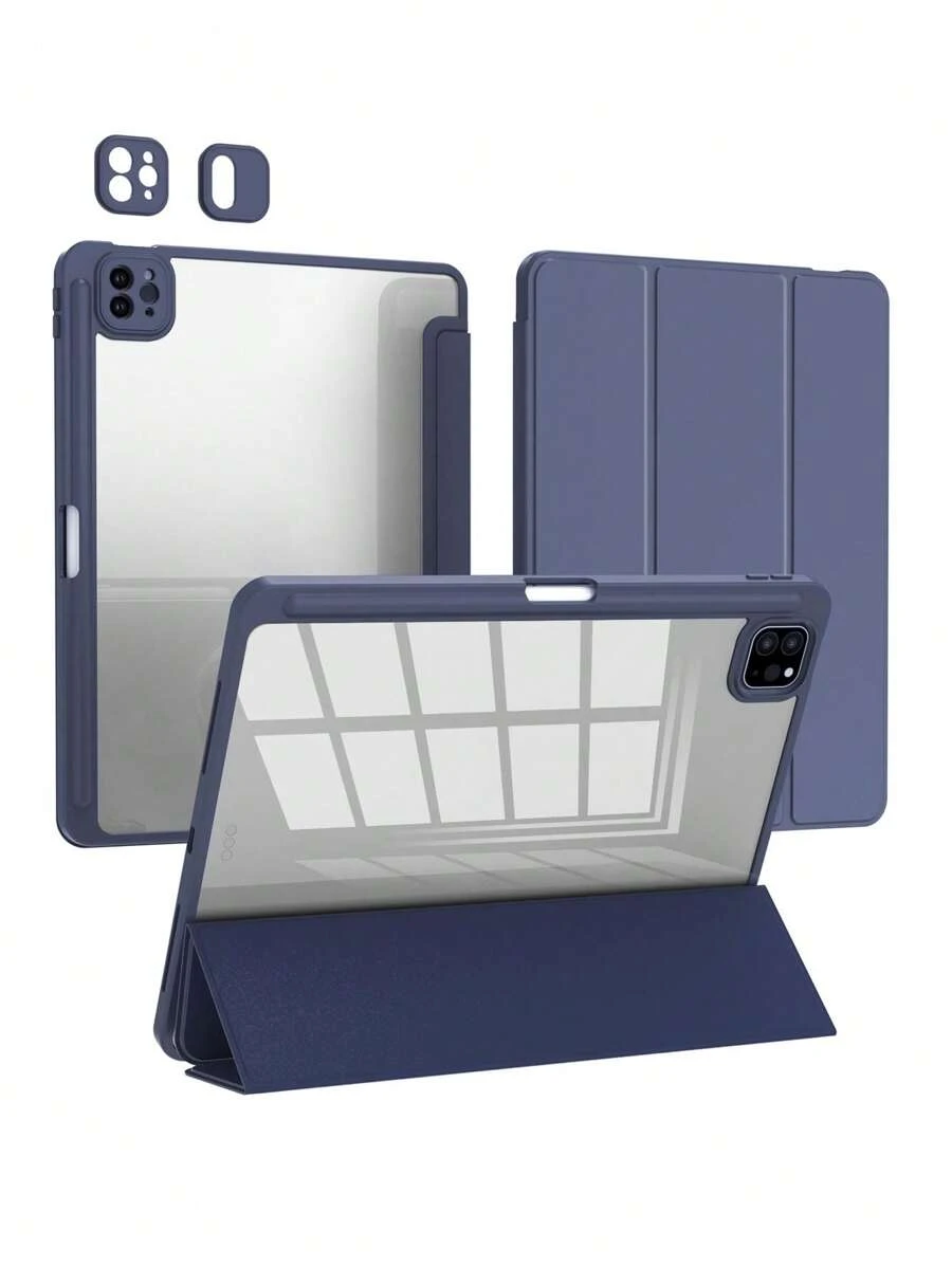 镜面蓝色三折硅胶平板电脑保护套，超薄支架防震防摔笔槽，兼容苹果 Mini 4/5/6、9.7/10.2/10.5 英寸、Air 4/5/6、第十代、10.9 英寸、Pro 11 英寸、Air 11(M2)、Air 13 和 Pro 11(M4) 等机型。透明后盖，高透光率，方便 DIY 个性化定制。