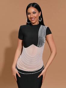 Modphy Elegant Black Short Sleeve Dress With Apricot Mesh Layers And Heavy Pearl Decoration, Fashionable Long Style For Summer Formal Events And Parties - Black - View 7