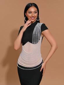 Modphy Elegant Black Short Sleeve Dress With Apricot Mesh Layers And Heavy Pearl Decoration, Fashionable Long Style For Summer Formal Events And Parties - Black - View 8