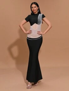 Modphy Elegant Black Short Sleeve Dress With Apricot Mesh Layers And Heavy Pearl Decoration, Fashionable Long Style For Summer Formal Events And Parties - Black - View 2