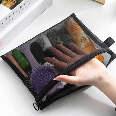 1pc Transparent Mesh Cosmetic Bag, Toiletry Makeup Organizer Pouch, Women Travel Makeup Bag With Zipper