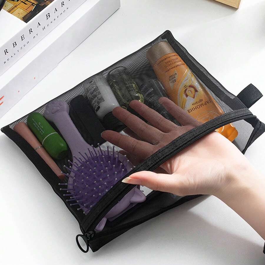 1 túi đựng mỹ phẩm lưới trong suốt, túi đựng đồ trang điểm cá nhân, túi đựng đồ trang điểm du lịch dành cho nữ có khóa kéo - màu đen - Xem 1