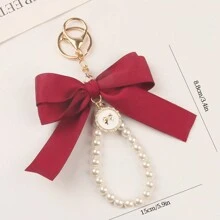 Pearl Bow Phone Lanyard Keychain Versatile Bag Charm - Red - View 3