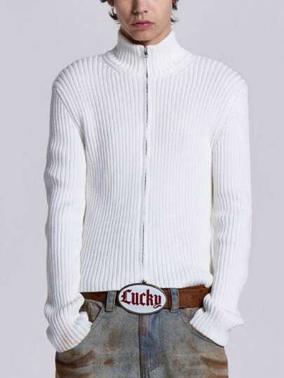 Nuevo suéter/chaqueta de manga larga con cremallera, cuello mao, ajuste slim y estilo minimalista para hombre, para otoño/invierno, color blanco neutro, cárdigan de punto con cuello