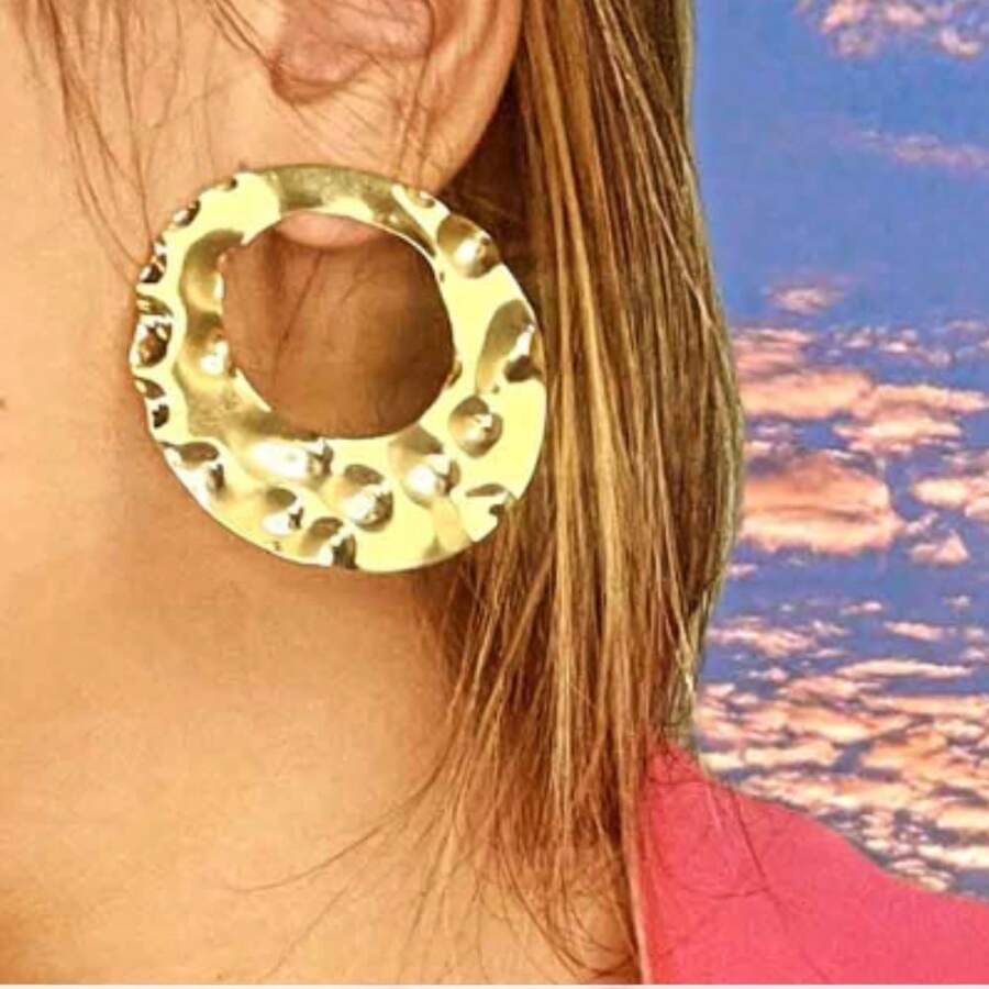 18k Gold Plated Round Hollow Hammered Earring - Vàng - Xem 1