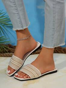 Women's Large Size 2024 New Fashion Flat Sandals, Slip-On Slides With Faux Pearl Decor, Wide Fit Open Toe Summer Beach Slippers