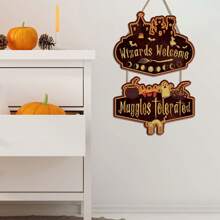 Señal "Bienvenidos magos, tolerados los muggles" para decoración de habitación de niños, divertida señal de bienvenida para porche delantero, decoraciones de puerta para fiesta de Halloween, letrero de madera, suministros para fiesta de magos y brujas colgantes