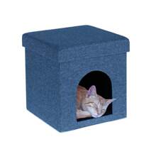 Casa Cama para Mascotas Tipo Cueva 38x38x38 cm con Cojín Acolchado, Cubo Plegable Multifuncional 2 en 1, Refugio Cómodo para Perros y Gatos - Azul Marino - Ver 2