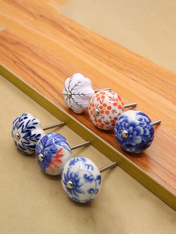 8 piezas/Juego Pomo cerámico con diseño floral pintado a mano, tirador de cajón de orificio único redondo, diseño de porcelana vintage azul y blanco, adecuado para muebles, armario, gabinete, incluye tornillos - Plátano, Peonía, Magnolia, Camelia, Árbol del Dinero, Flor Auspiciosa