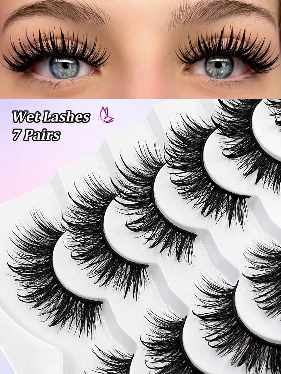 Asiteo 7 Pairs Charming Cartoon False Eyelashes - Wet Makeup Effect Cosplay Spiky Faux Mink Lashes, Reusable, Doll Eye Makeup, Thick & Curly, Suitable For Cosplay And Fashion Enthusiasts - 尖尾漫畫款 - 查看 1