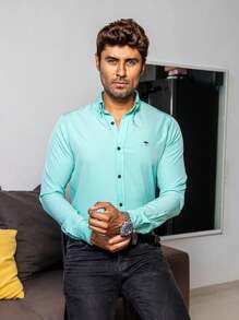 Camisa Hombre Casual Slim Fit Azul Menta Lisa - Azul menta - Ver 1