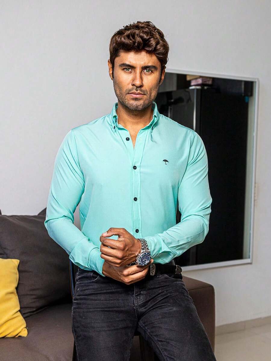 Camisa Hombre Casual Slim Fit Azul Menta Lisa - Azul menta - Ver 1