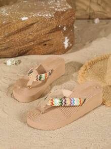 Chanclas de plataforma tipo cuña con arco iris para mujer 2025, sandalias de tacón alto cómodas y absorción de impactos, hechas de paja trenzada, calzado de moda versátil para la playa, tacón de 5cm - Caqui - Ver 11