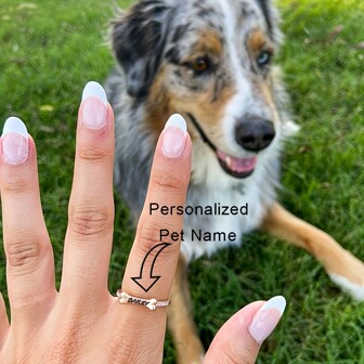 1pc Customized Pet Name Adjustable Copper Ring, Personalized Dog Name, Bone Shaped White Rhinestone Ring In Gold Or Silver, Cute Gift