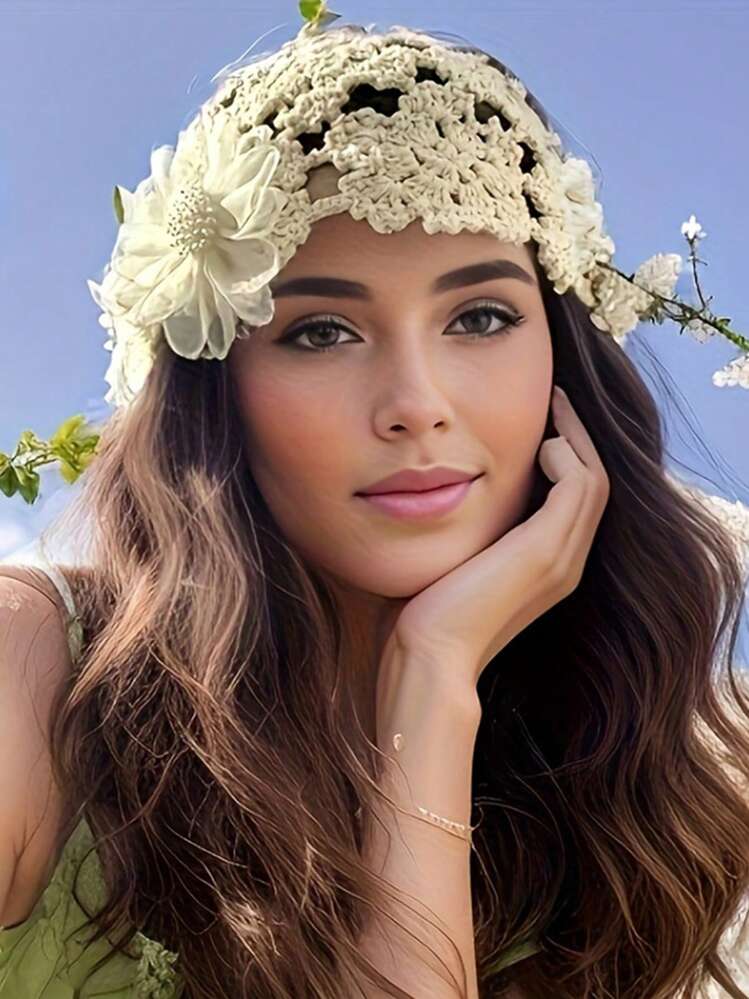 1Pc Sweet Flower Hollow Out Knitted Hat Travel High-End Faux Pearl Retro Knitted Hat Ladies Fashion All-Match Melon Skin Hats - 彩色 - 查看 3