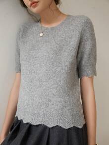 Knit Mix 女士针织法式通勤纯色圆领短袖荷叶边常规宽松T恤，夏季基本款短袖上衣（图案随机） - 灰色 - 查看 5