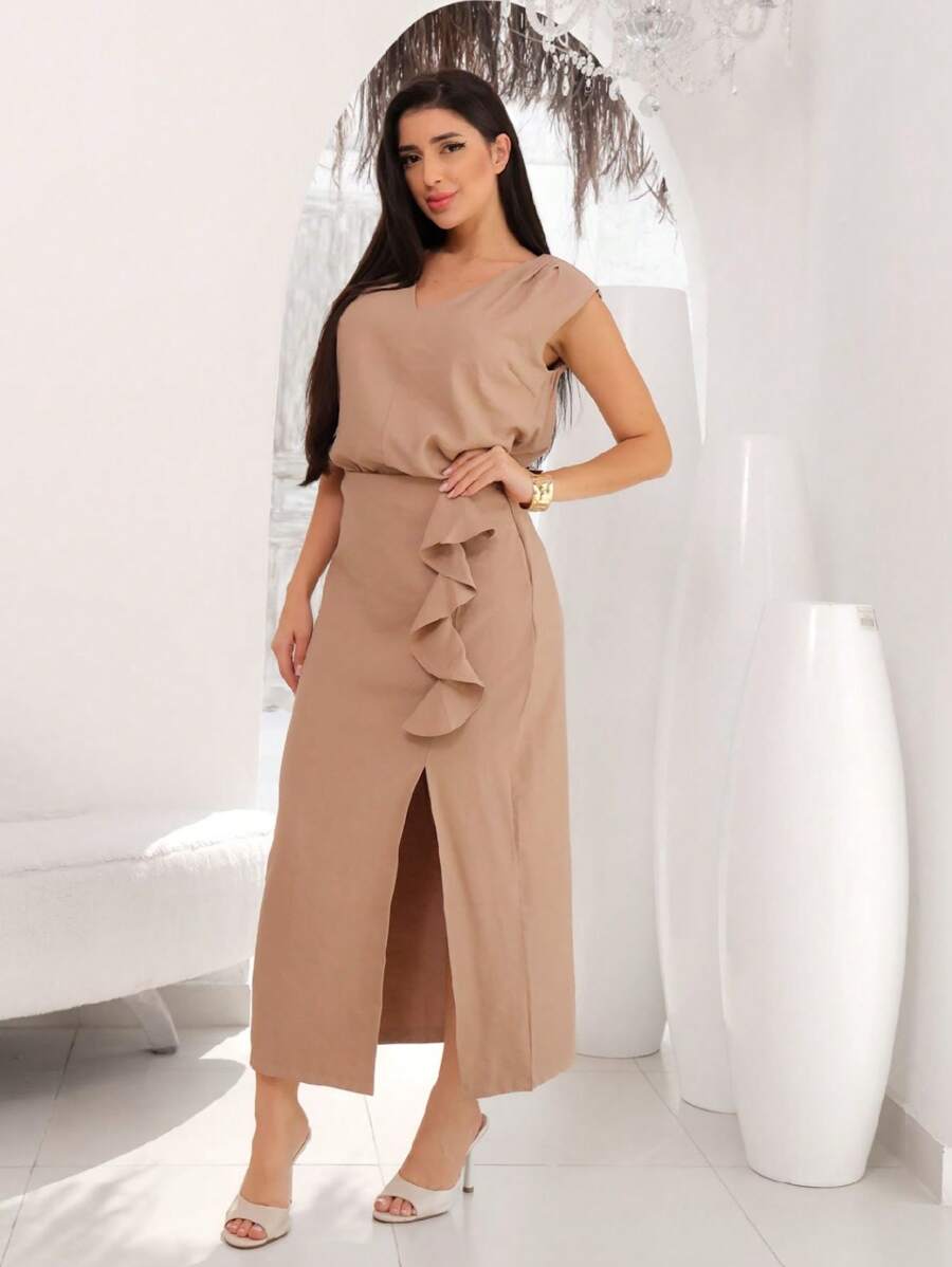Women's Marrano Fabric Blouse Front Slit Skirt Set Summer Casual Two Piece Set - Màu Khaki - Xem 1