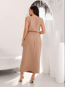 Women's Marrano Fabric Blouse Front Slit Skirt Set Summer Casual Two Piece Set - Màu Khaki - Xem 2