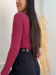 Women's Cacharrel Ribbed Cotton Blouse Long Sleeve High Neck Blouse - 酒紅色 - 查看 4