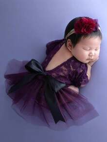 2 件新生儿蕾丝蝴蝶结连体衣，带头带，摄影道具，婴儿洗澡复活节礼物，适合女孩/男孩 - 彩色 - 查看 2